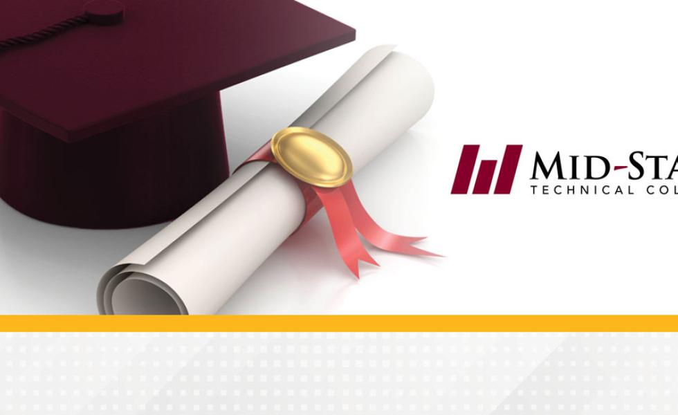 Maroon graduation cap, diploma, and Mid-State Technical College logo