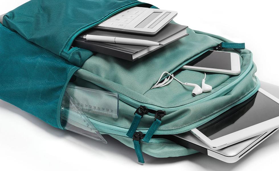 A backpack with school supplies. 