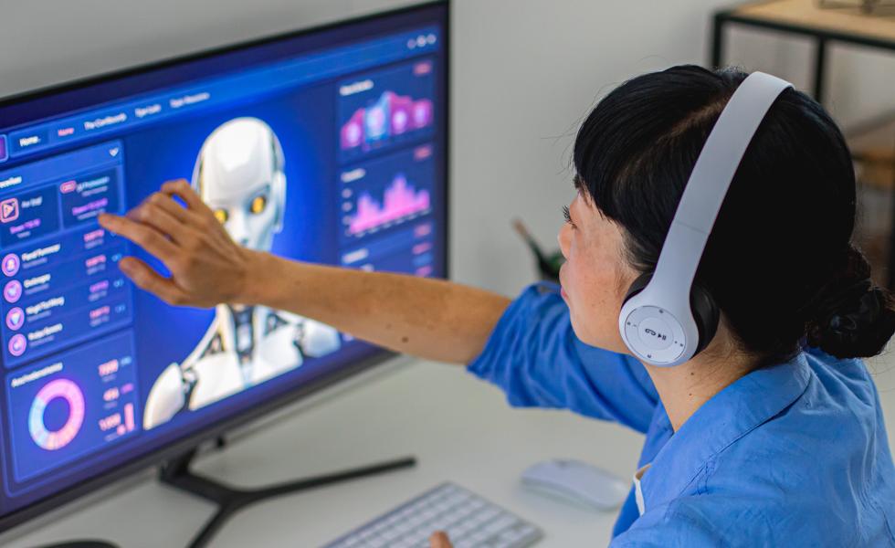AI data specialist working on a computer