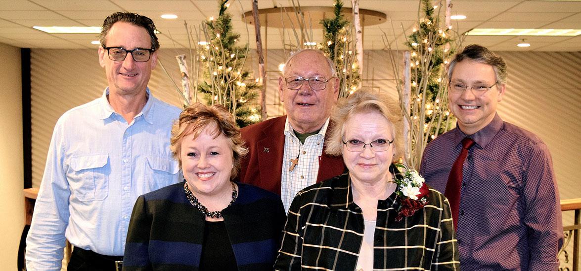 Betty Bruski Mallek is joined by Mid-State Technical College colleagues after receiving the Board Member of the Year Award at the January 17 Wisconsin Technical College Boards Association meeting, in Madison, Wisc. Pictured, left to right: Board treasurer Charles Spargo, College president Dr. Shelly Mondeik, Board vice chairperson Robert Beaver, award recipient Betty Bruski Mallek and Board member Richard Merdan.