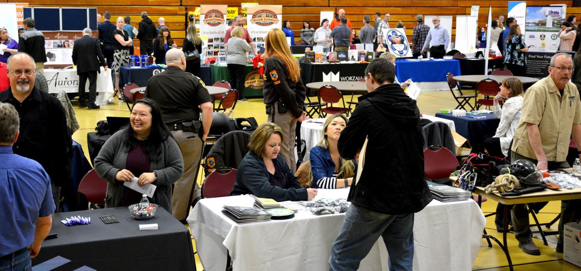 Job-seekers talk to potential employers at the Central Wisconsin Job Fair held April 3 on the Wisconsin Rapids Campus of Mid-State Technical College.