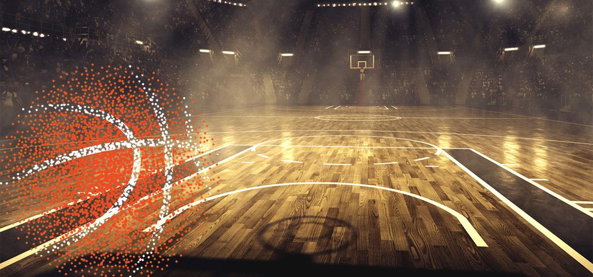 Pixilated image of a basketball over a lit basketball court with a crowd in the bleachers