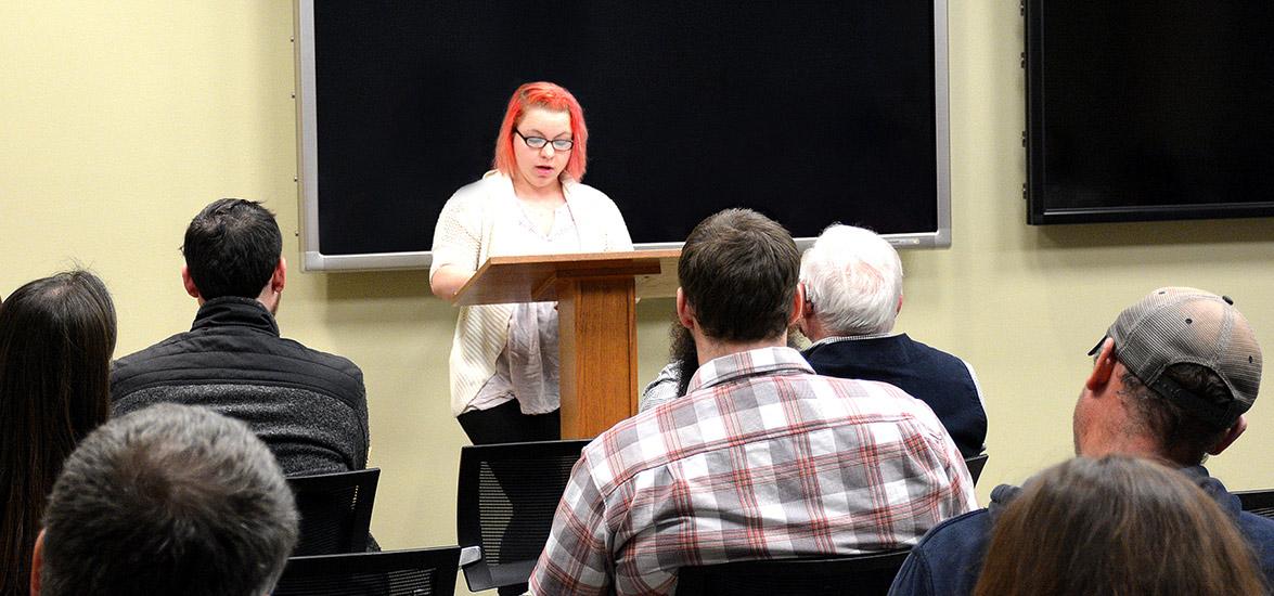 Mid-State student Brandie Sedwick reading aloud from her runner-up submission in the essay category, “A Nurse’s Narrative: Being Prepared,” at the Wisconsin Writers Connect event on the College’s Stevens Point Campus on April 29. 