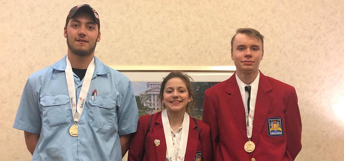 Left to right, Mid-State students Thomas Hasenorhl, Madelyn Matthews and Caleb Cline all won gold medals in their events at the 46th Annual State SkillsUSA Secondary Leadership & Skills Conference held in Madison. 