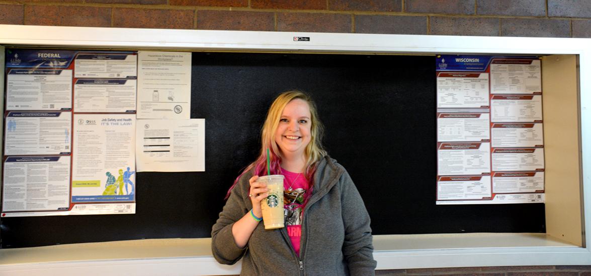 Mid-State Technical College Nursing student Adriane Huckstep enjoying her Starbucks White Chocolate Mocha at the Wisconsin Rapids Campus. Huckstep was one of many Mid-State students to visit the College’s new Starbucks counter in the cafeteria during the first week of school.