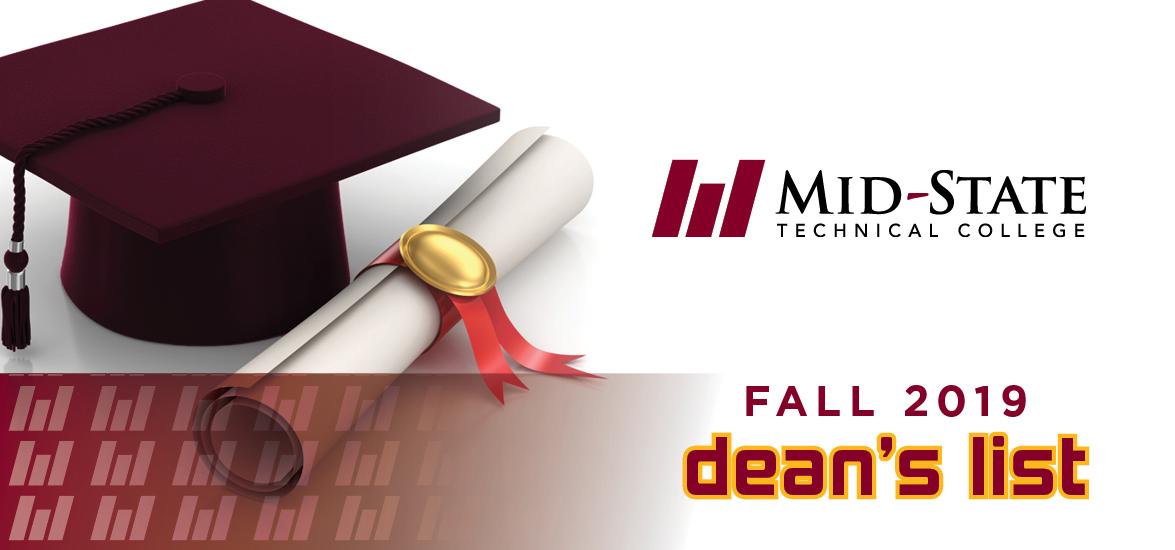 Graduation cap and diploma with the Mid-State logo and Fall 2019 Dean's List text