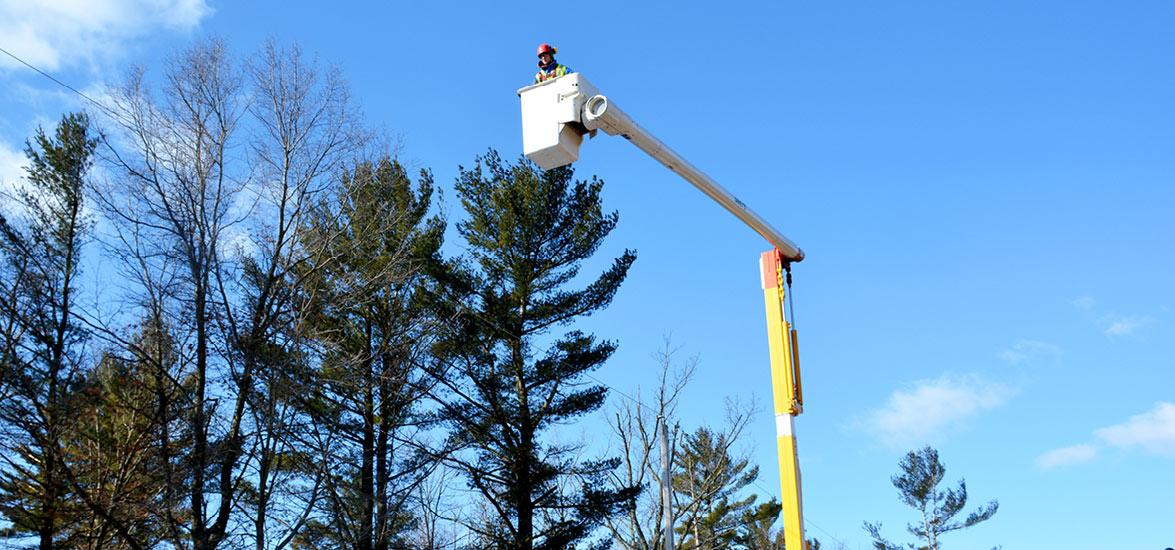 1.	Mid-State Technical College Arborist Technician student Miles Adams takes his turn in the bucket during Mid-State’s Utility Arboriculture Day training scenario.