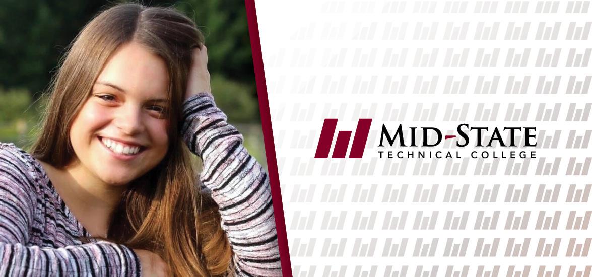 Colette Stoflet, Mid-State Administrative Professional student, with Mid-State logo