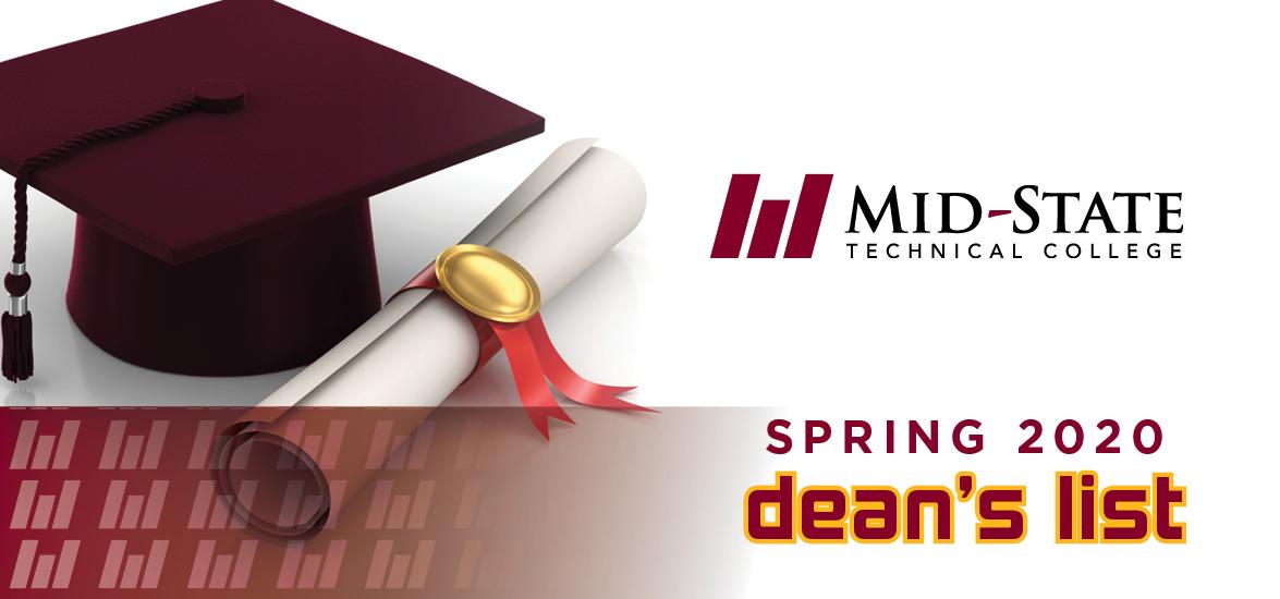 Graduation cap and diploma with the Mid-State logo and the text reading spring 2020 dean's list