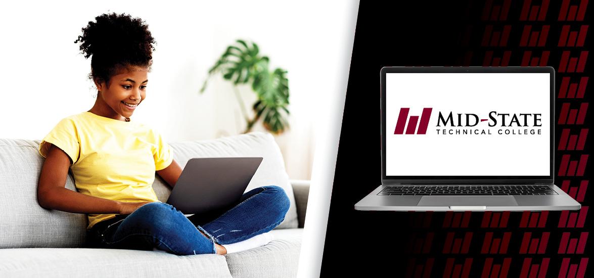 Woman sitting on a couch with a laptop on her lap, image of laptop with Mid-State Technical College logo is also seen to the right