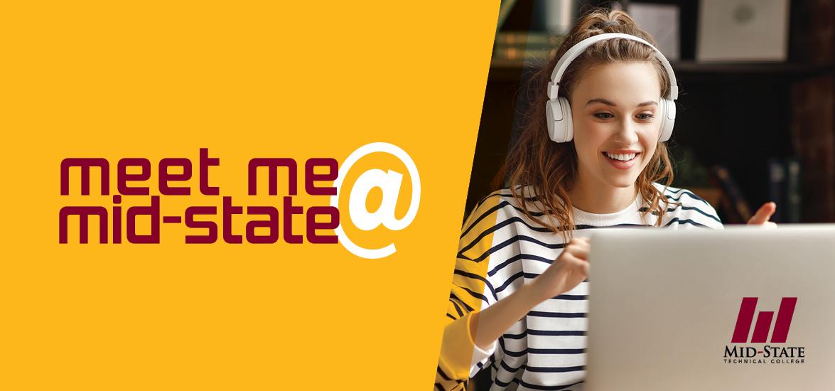 Woman sitting at a laptop with a Mid-State Logo on the back of it. Text over image reads Meet Me @ Mid-State.