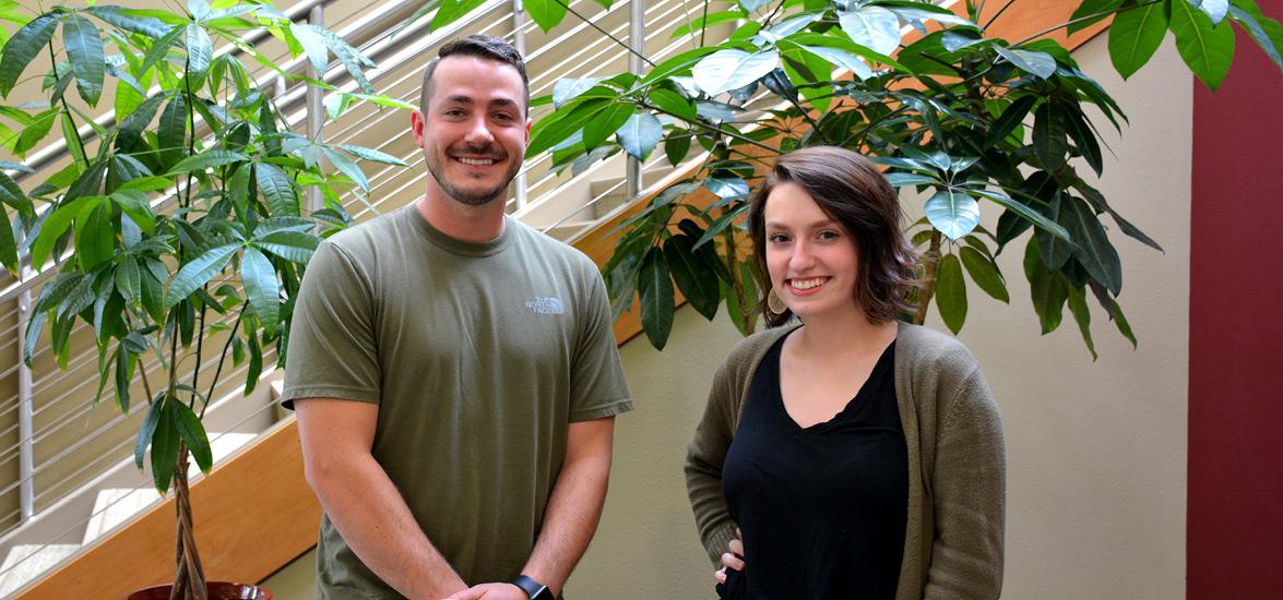 Digital Marketing program graduates Samuel Bentz (left) and Erin Harger on Mid-State Technical College’s Stevens Point Campus. Bentz and Harger competed in the MarketPlace Live simulation competition this spring as part of their Digital Marketing capstone class, placing in the 99th percentile worldwide. 