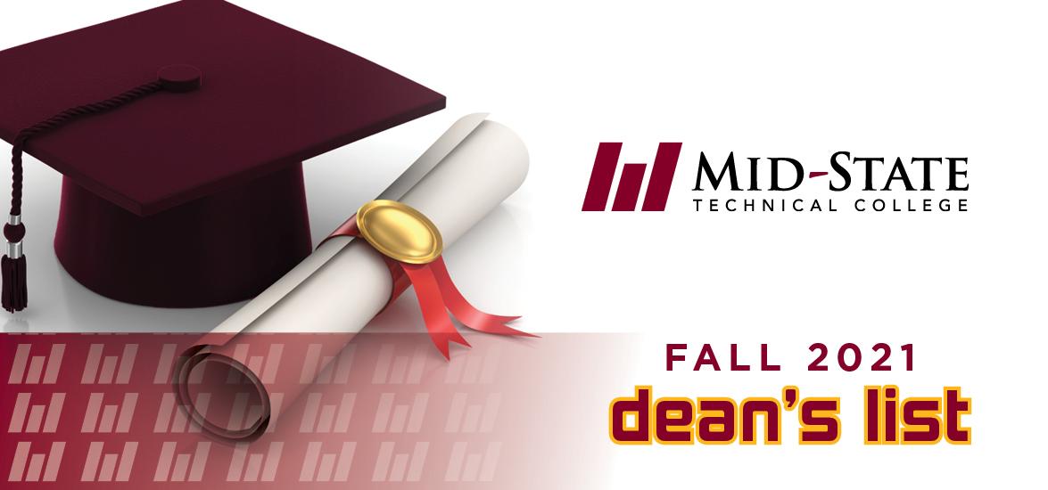 A graduation cap and diploma with the Mid-State logo and text reading, "Fall 2021 Dean's List."