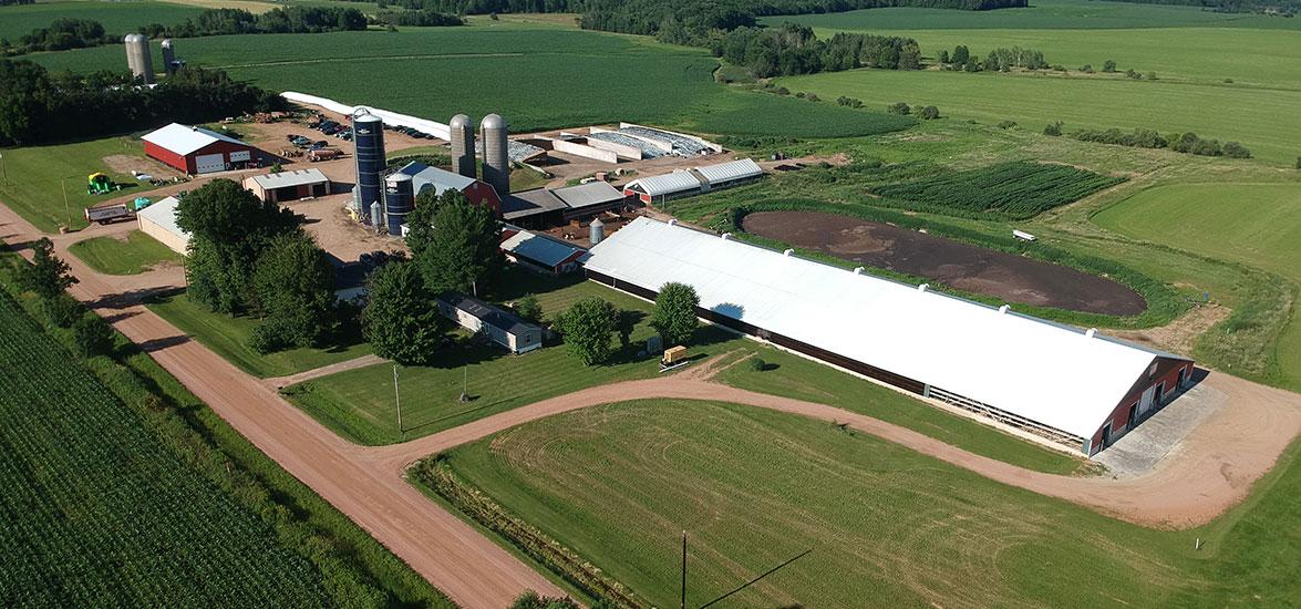 Aerial view of Stueber Farms in Stratford, Wisconsin.
