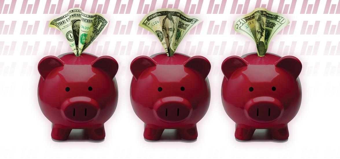 Three red piggy banks with a $1, a $5, and a $20 bill coming out of the top. Mid-State "M" logo background.