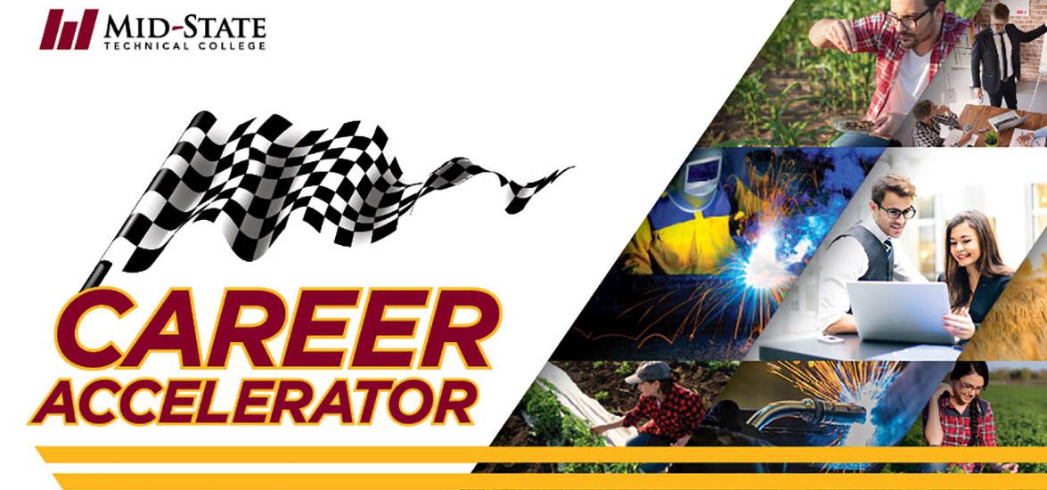 Checkered race flag with the words "Career Accelerator" and a collage of images representing people working in healthcare, business, and welding.