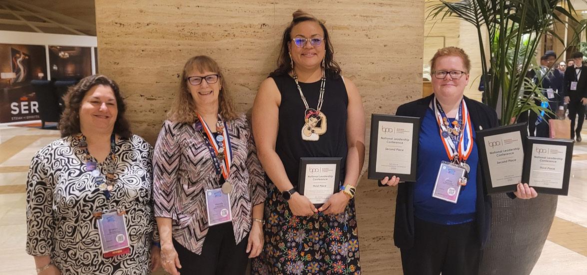 From left, Mid-State Technical College Business Technology Instructor and BPA club advisor Sharon Behrens, with her award-winning students at the 2022 Business Professionals of America National Leadership Conference in Dallas Texas, May 7: Rhonda Martinson, Tara Chapman and Emily Tauschek.