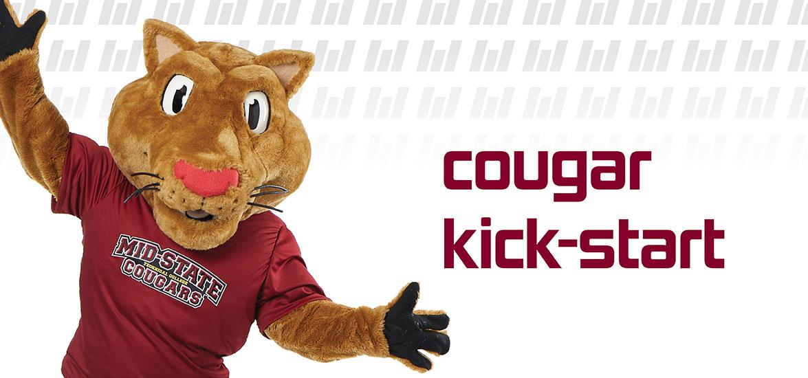 Cougar Kick-Start. Mid-State Mascot Grit with hands in the air.