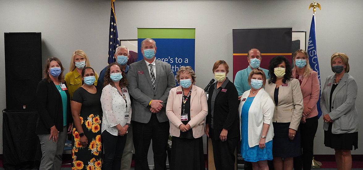 Healthcare Simulation Center project team and community advocates at the grand opening celebration on Aug. 12 in Wisconsin Rapids. From left,  Kimberly Johnson, vice president of patient care and chief nursing officer, Aspirus Health; Nancy Roth-Mallek, vice president of finance, Aspirus Health; Terri Combs, Mid-State Paramedic Technician graduate; Mike Bovee, executive director, The Legacy Foundation of Central Wisconsin; Melinda Verdone, associate dean of Health, Mid-State; Rick Anderson, associate dea