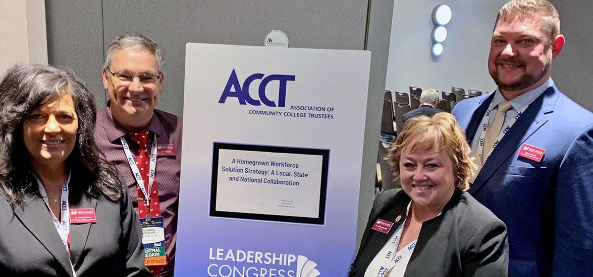 Mid-State staff and board member presenters at the ACCT Leadership Congress on Oct. 27, 2022, in New York City. From left, Dr. Bobbi Damrow, vice president of Workforce Development & Community Relations; Rick Merdan, board member; Dr. Shelly Mondeik, president; and Ryan Kawski, dean of Applied Technology. Also attending but not pictured is Betty Bruski-Mallek, board member.