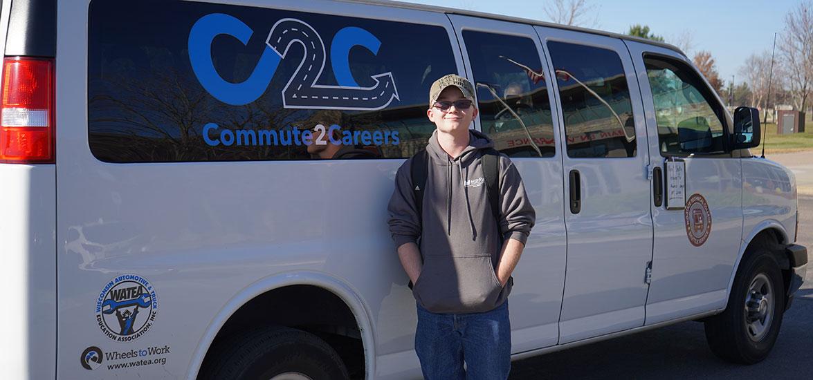 Mid-State Automotive Technician student Jarek Frank prepares to board the shuttle for his return trip to Adams after a day of classes at the Wisconsin Rapids Campus.