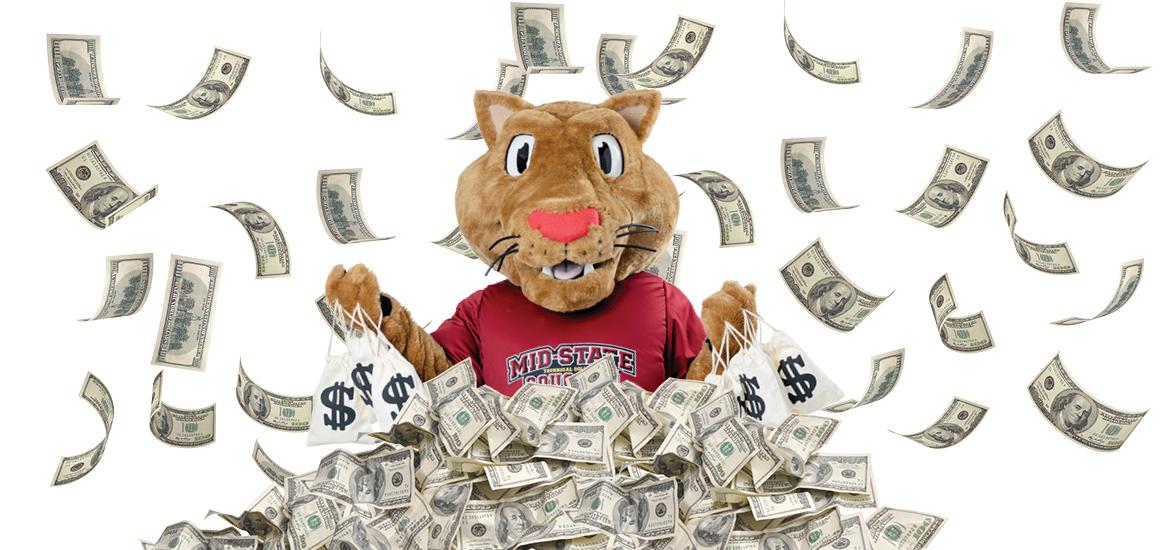 Mid-State's mascot, Grit, throws money in the air.