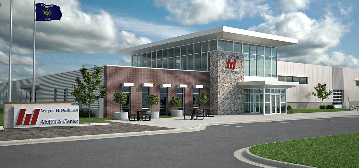 Rendering of the AMETA Center, to be located on I-39 in the Stevens Point Industrial Park and slated to open for students in fall 2024.