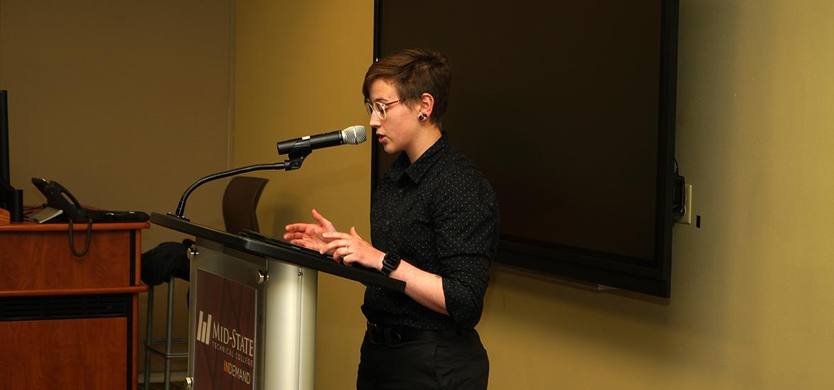 Chelsie Pickel, Mid-State Liberal Arts-Associate of Science student, reads from her winning piece at the 2022 Wisconsin Writers Connect event. This year’s event is set to take place on Thursday, April 27.