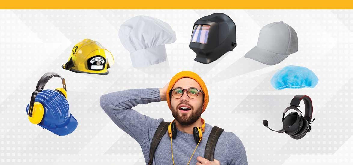 Man with his hand on his head looking up at the different hats he could wear in a future profession, including a hard had with ear protection as an arborist, a firefighter's helmet, a chef's hat, a welder's hat, a baseball cap, a medical cap, and headphones.