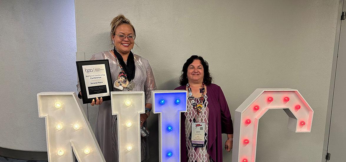 Tara Chapman, who placed in three Business Professionals of America National Leadership Conference events (left), and Sharon Behrens, Mid-State Technical College Business Technology instructor and BPA club advisor (right), at the BPA National Leadership Conference in Anaheim, Calif., April 29.