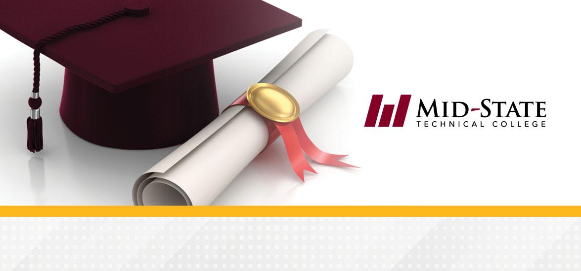 Maroon graduation cap with diploma next to Mid-State's logo.