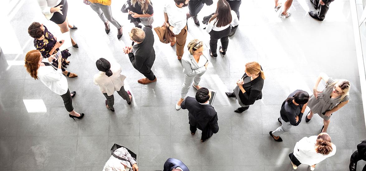 An overhead view of a group of people in business professional clothing.