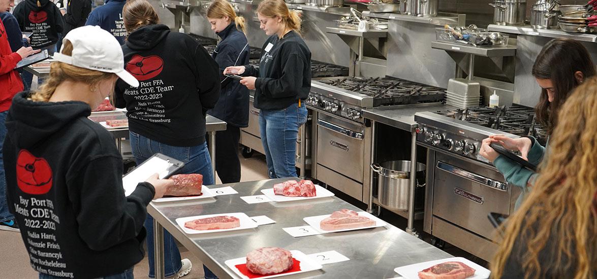 High school students participating in the Meats Evaluation and Technology contest at the FFA Career Development Events competition at Mid-State Technical College’s Wisconsin Rapids Campus on March 19, 2024.