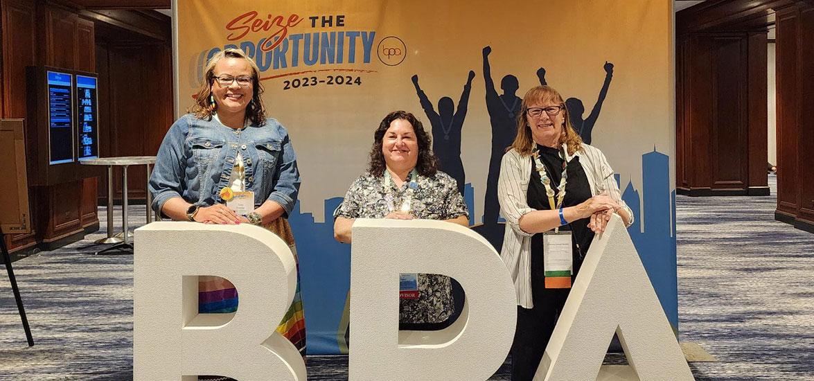 Mid-State Technical College students and faculty attend the 2024 Business Professionals of America National Leadership Conference in Chicago May 10. From left: Tara Chapman, Mid-State Digital Marketing student; Sharon Behrens, Mid-State Business Technology instructor and BPA club advisor; and Rhonda Martinson, Mid-State Leadership Development student.