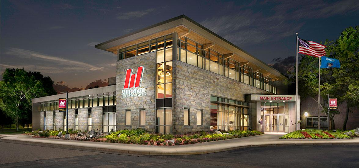 A view of the main entrance to the Wisconsin Rapids Campus of Mid-State Technical College.
