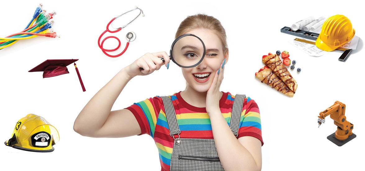 Person looking through a magnifying glass with a stethoscope, cables, pastry, graduation cap, and robotic arm surrounding them.