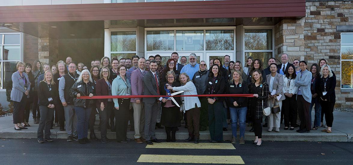 Attendees at the Stevens Point Downtown Campus renaming and ribbon cutting, Nov. 7. Front row, from left: Portage County Business Council (PCBC) Ambassador Dorothy Pientka; Mid-State Technical College Dean of Schools of Business & IT and Hospitality Trina Kloehn, Vice President of Academics Chris Severson, Dean of Stevens Point Downtown Campus and School of Business & IT Ben Nusz and President Shelly Mondeik; PCBC Ambassadors Debbie Lepper, Melissa Blenker, Mary Lane and Billie Sjomeling.