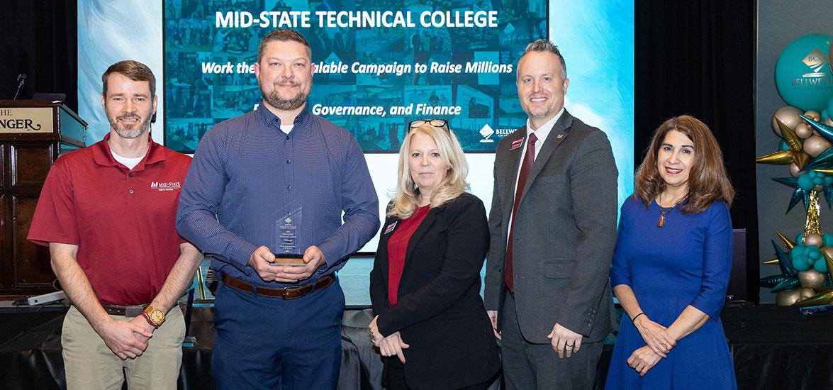 Mid-State’s Bellwether panelist team receives the Showcase Award for their booth presentation in the Planning, Governance and Finance category Bellwether College Consortium’s 31st Annual Community College Futures Assembly (CCFA) held in San Antonio, Texas, Feb. 26. From left: Instructor of Civil Engineering Technology - Highway Technician Mike Johnson, Dean of the School of Applied Technology Ryan Kawski, Director of Foundation & Alumni Micki Dirks-Luebbe and Vice President of Academics Chris Severson. Al