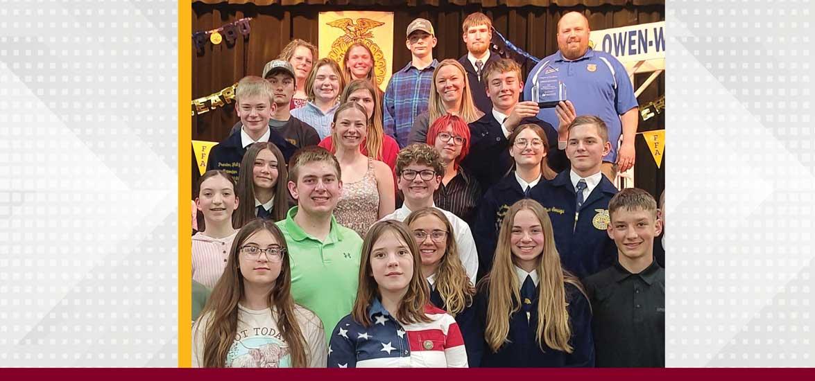 Owen-Withee High School FFA members receive Mid-State Technical College’s Regional FFA Career Development Events (CDE) Chapter of Excellence Award at their annual FFA banquet on April 30, 2025. Also pictured are Travis Engel, Owen-Withee FFA chapter advisor; Teri Raatz, Mid-State Agribusiness instructor and faculty team lead; and Dr. Alex Lendved, Mid-State dean of the Marshfield Campus and School of Applied Technology.