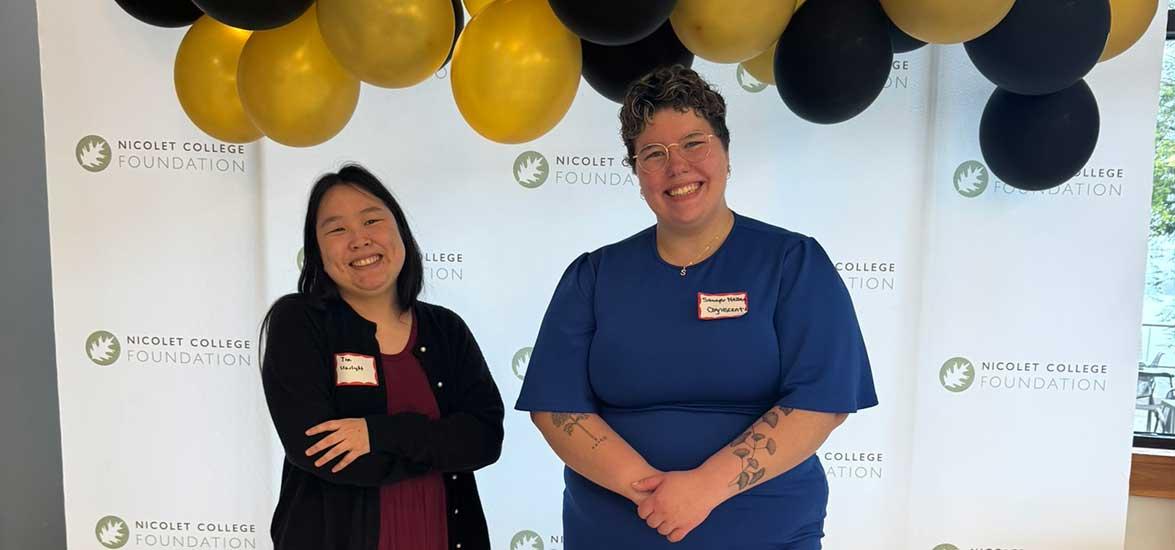 Mid-State Technical College students Tia Bertz (left) and Sawyer Nelsen (right) at the NEW Ideas Pitch Challenge at Nicolet College on May 1, 2025.