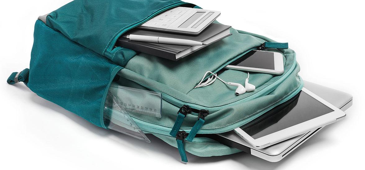 A backpack with school supplies.