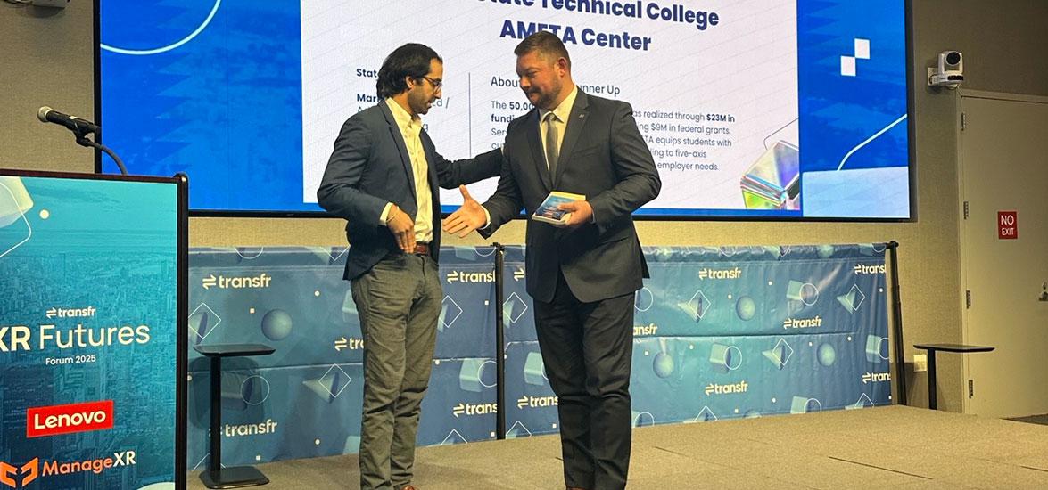 From left: John Iaia, Lenovo head of strategic alliances and ventures, presents Mid-State Technical College Dean of Applied Technology Ryan Kawski with the College’s runner-up award in Transfr’s Trailblazer Power of Partnership competition. The award was presented during Transfr’s XR Futures conference in New York City on Oct. 6.