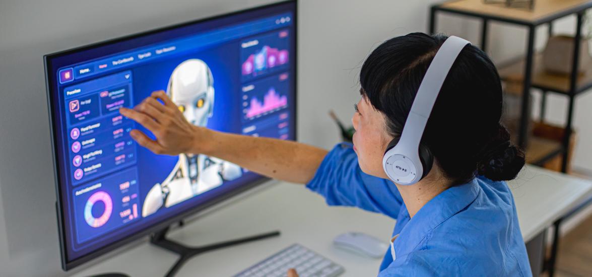AI data specialist working on a computer