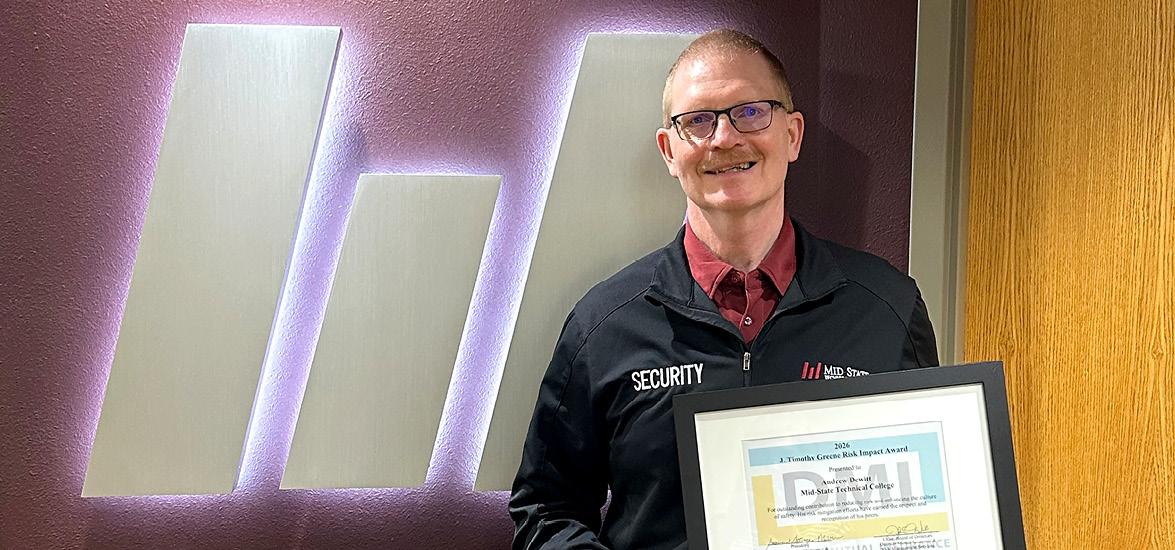 Mid-State Technical College Director of Safety & Security Andrew Dewitt, recipient of the J. Timothy Greene Risk Impact Award. The award was presented by Districts Mutual Insurance on April 23 at the DMI Conference.