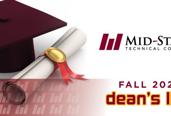 A graduation cap and diploma with the Mid-State logo and text reading, "Fall 2021 Dean's List."