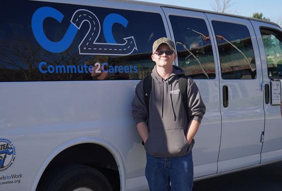 Mid-State Automotive Technician student Jarek Frank prepares to board the shuttle for his return trip to Adams after a day of classes at the Wisconsin Rapids Campus.