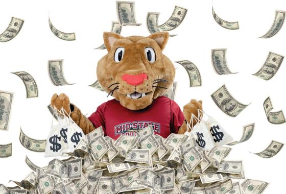 Mid-State's mascot, Grit, throws money in the air.