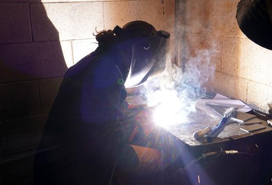 A local high school student participates in the welding event at the 2023 regional SkillsUSA competition on Mid-State Technical College’s Wisconsin Rapids Campus.