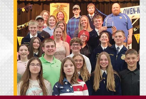 Owen-Withee High School FFA members receive Mid-State Technical College’s Regional FFA Career Development Events (CDE) Chapter of Excellence Award at their annual FFA banquet on April 30, 2025. Also pictured are Travis Engel, Owen-Withee FFA chapter advisor; Teri Raatz, Mid-State Agribusiness instructor and faculty team lead; and Dr. Alex Lendved, Mid-State dean of the Marshfield Campus and School of Applied Technology.