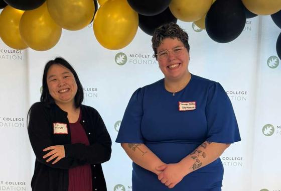 Mid-State Technical College students Tia Bertz (left) and Sawyer Nelsen (right) at the NEW Ideas Pitch Challenge at Nicolet College on May 1, 2025.